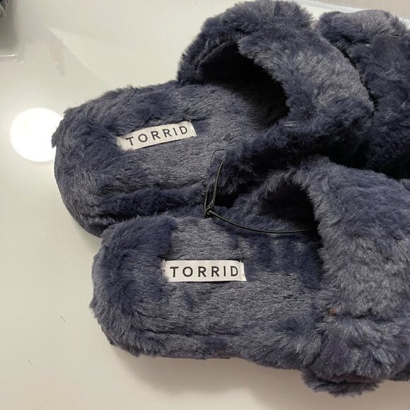 Torrid Women's New Navy Blue Double Band Faux Fur Slipper Sz 9.5 Extra Wide Widt - Picture 6 of 8